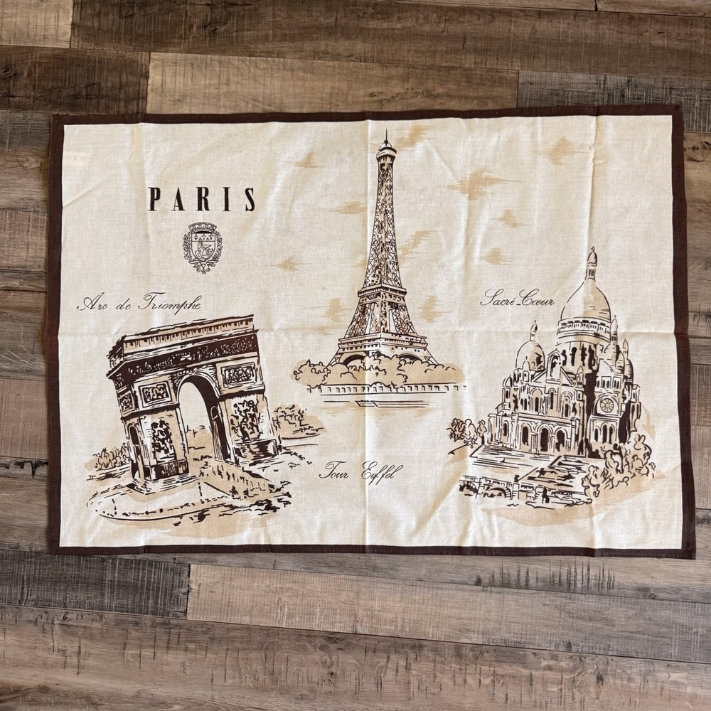 French Themed Tea Towel Brown Cream 20 X 18 France Cotton